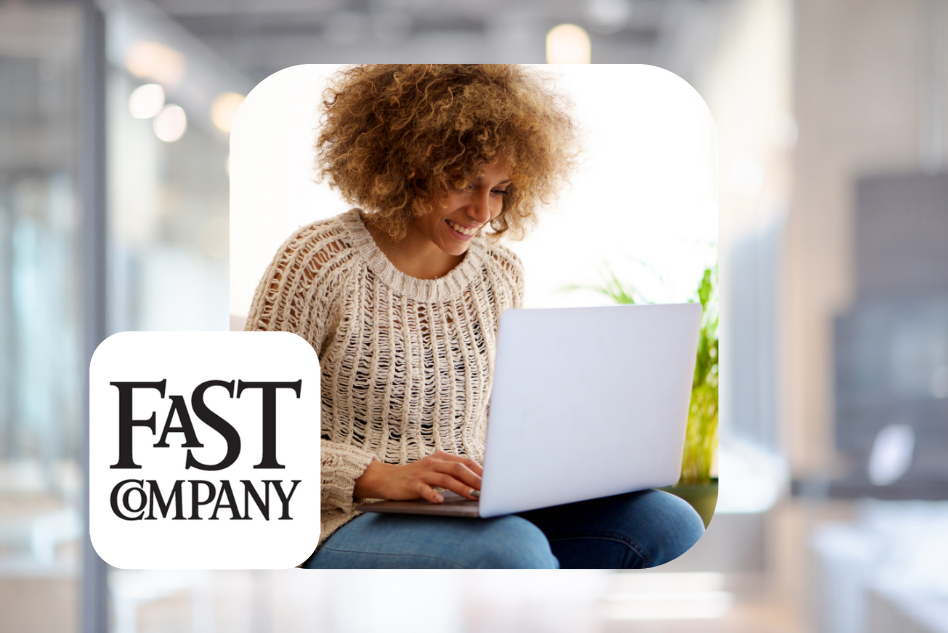 woman working from home on a laptop on her couch with the Fast Company logo in the bottom left corner